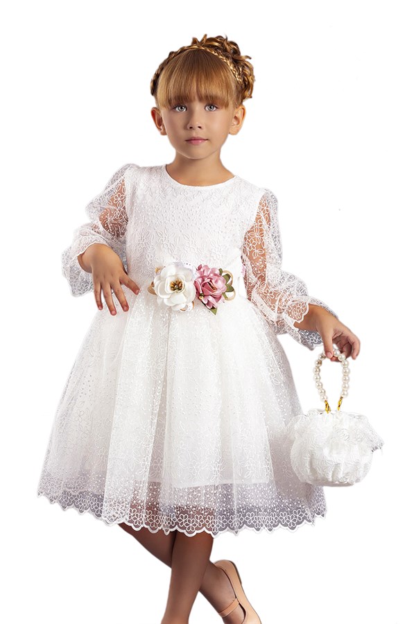 Çiçek Desenli  Kız Çocuk Abiye Elbise – Çantalı 