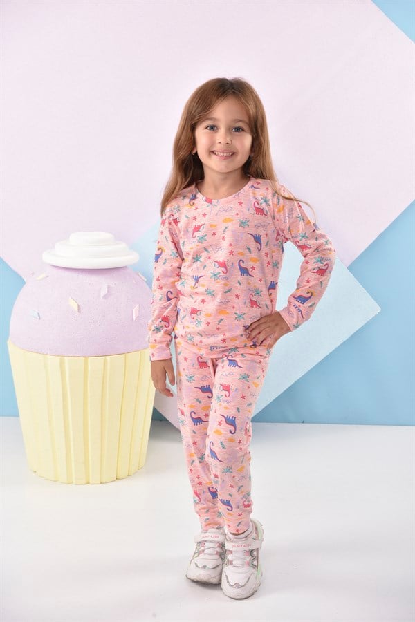 Dinozor Desenli Kız Çocuk Pijama Takımı