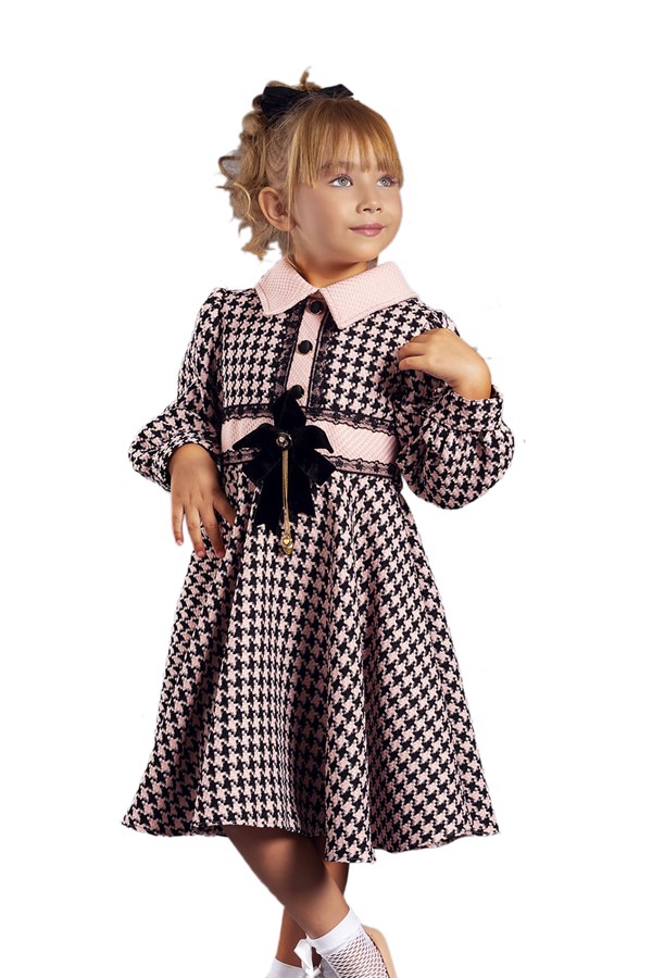 Ekose Desenli Yakalı Kışlık Kız Çocuk Elbisesi