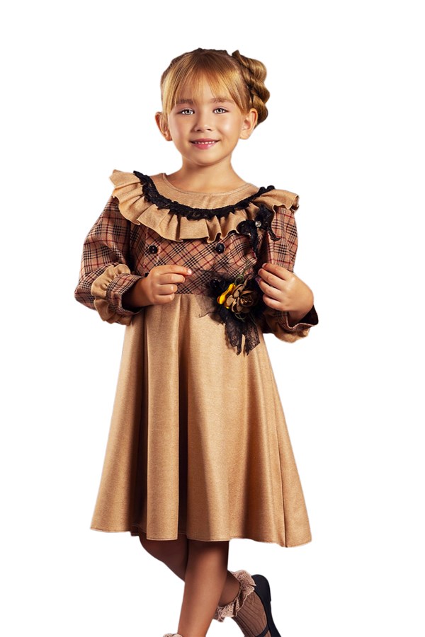 Fırfır Yakalı Ekose Desenli Kışlık Kız Çocuk Elbise