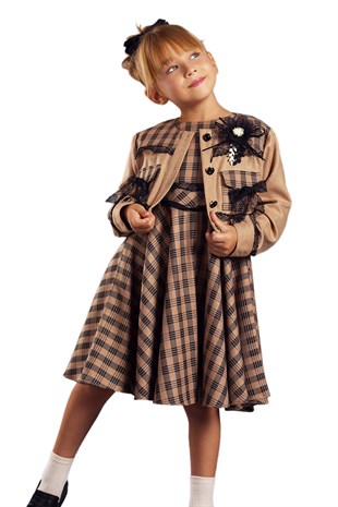 Ekose Desenli Ceketli Kışlık Kız Çocuk Elbisesi
