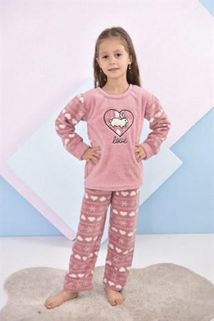 Kalp Desenli Polar Kız Çocuk Pijama Takımı