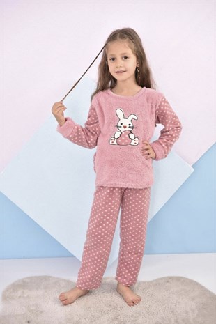 Tavşan Desenli Polar Kız Çocuk Pijama Takımı