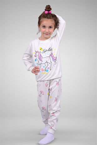Unicorn Desenli Kız Çocuk Manşetli Beyaz Pijama Takımı