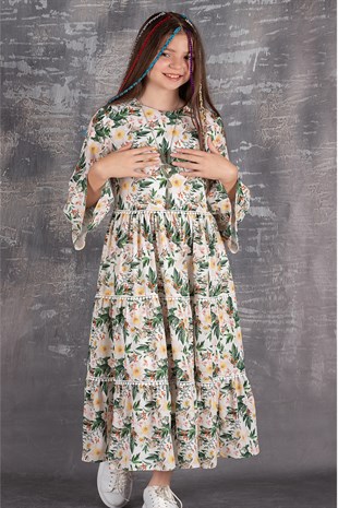 Uzun Kollu Garson Boy Çiçek Desenli Kız Çocuk Elbise